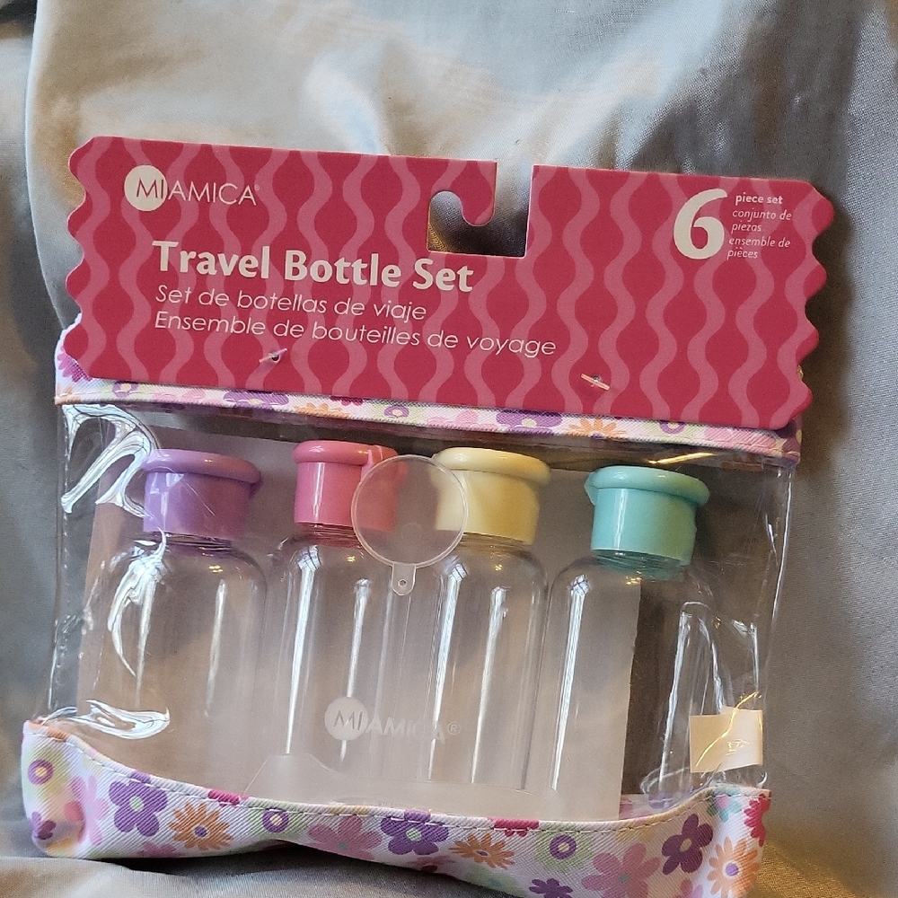 Miamica Travel Bottle Set - Pastel Caps Floral Pouch Li
